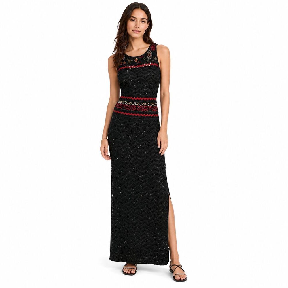 Cecilia Prado Rowan Knit Maxi Dress XS Black Metallic Crochet Side Slit Boho